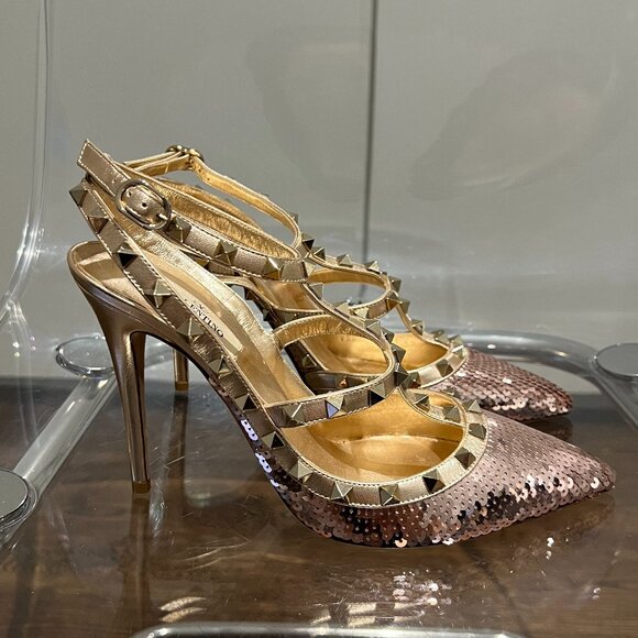 Valentino Rockstud Rose Metallic Sequins Heels - Picture 3 of 9